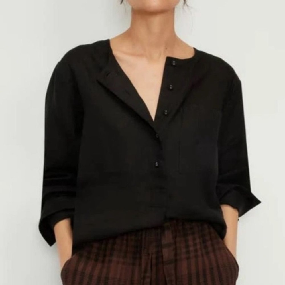 NWT EVERLANE The Linen Popover Shirt Linen Button Down Black Size 6
